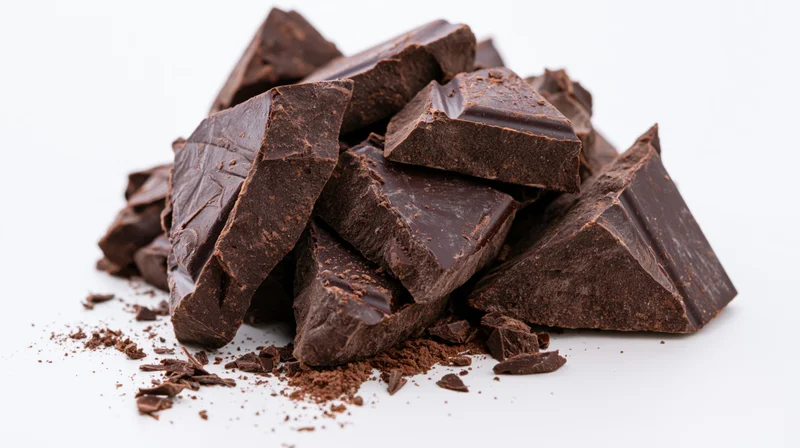 Broken dark chocolate chunks piled loosely on white background with cocoa powder scattered around