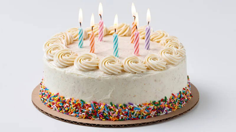 Round birthday cake with white frosting and lit colorful candles on a cardboard base, decorated with sprinkles
