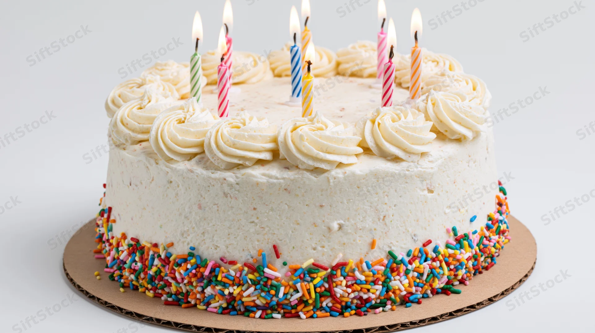 Round birthday cake with white frosting and lit colorful candles, decorated with sprinkles on a cardboard base