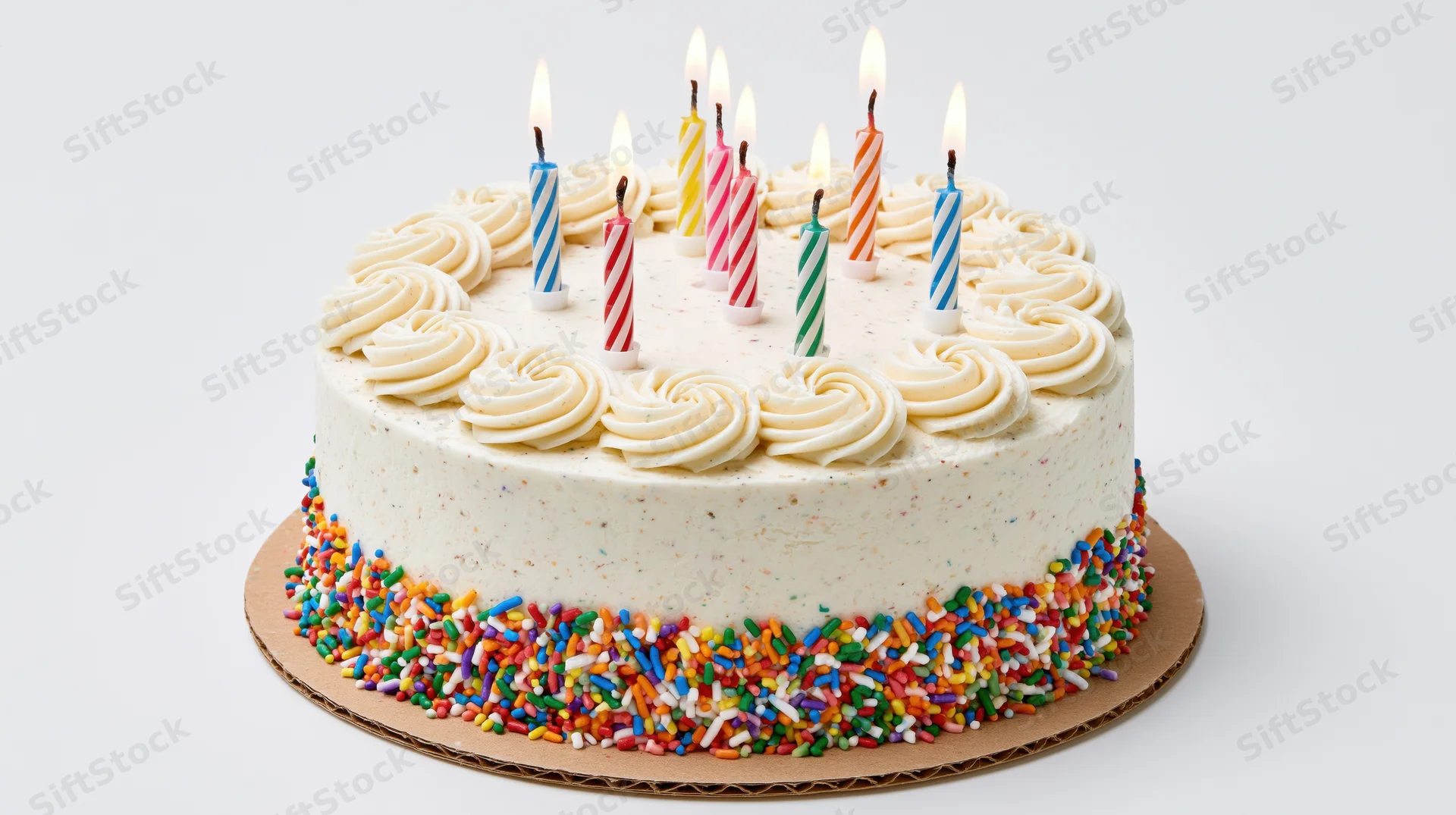 Round birthday cake with white frosting and lit colorful candles on a cardboard base