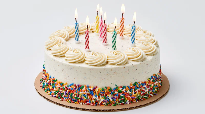 Round birthday cake with white frosting and lit colorful candles on a cardboard base