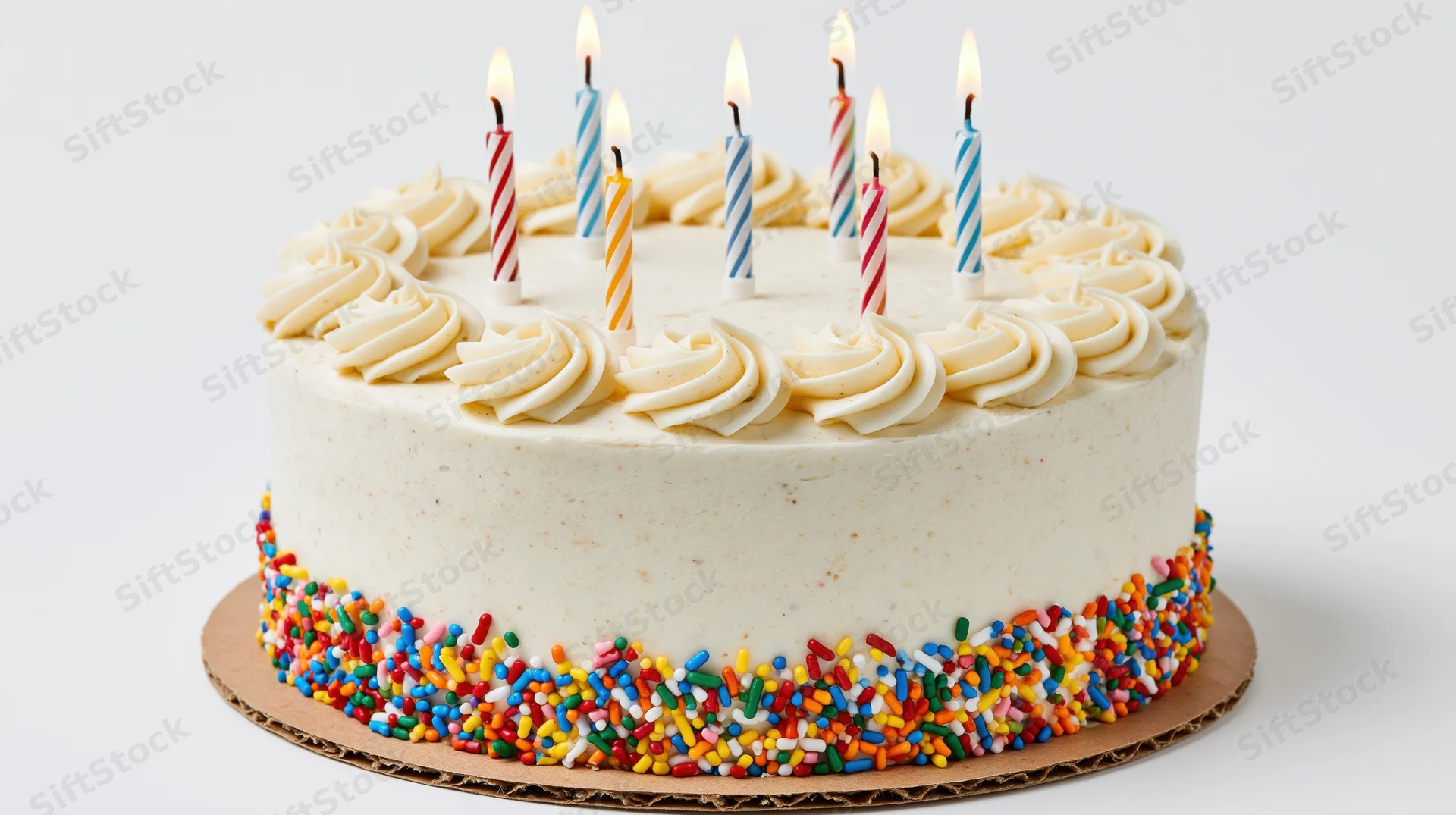 Round birthday cake with white frosting and lit candles, decorated with colorful sprinkles on a cardboard base