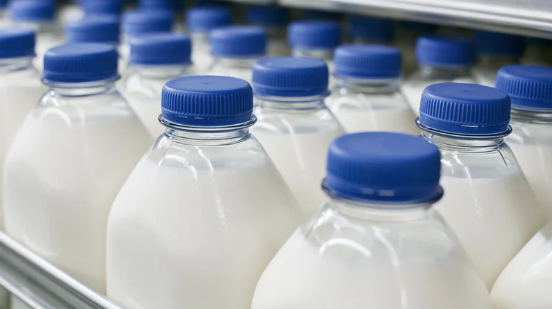 Rows of clear plastic milk bottles with blue screw caps lined on a refrigerated shelf