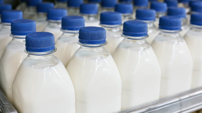 Rows of clear plastic milk bottles with blue screw caps lined on a refrigerated shelf