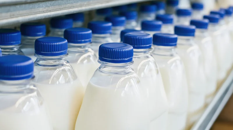 Rows of clear plastic milk bottles with blue screw caps lined on a refrigerated shelf in a grocery store