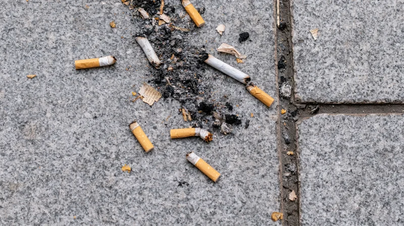 Cigarette butts and ash scattered on cracked concrete sidewalk