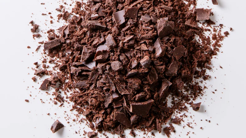 Scattered pile of dark chocolate shavings and coarse chunks on white background