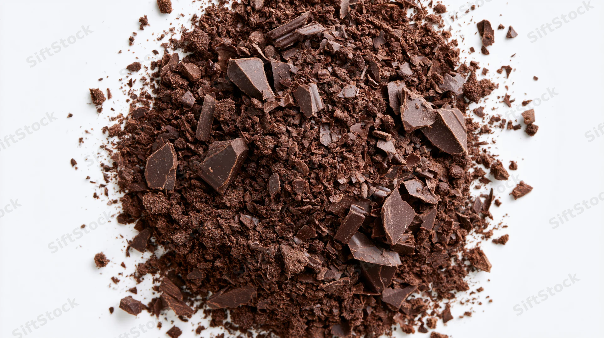 Scattered pile of dark chocolate shavings and coarse chunks on white background