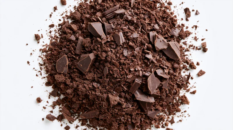 Scattered pile of dark chocolate shavings and coarse chunks on white background