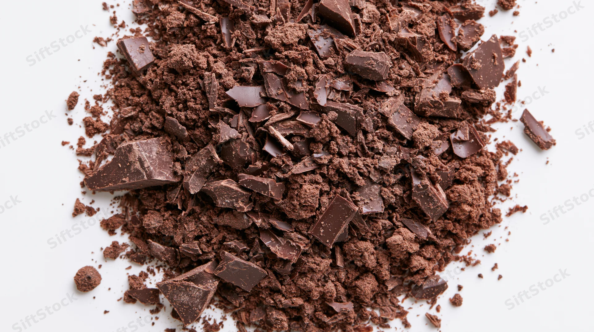 Scattered pile of dark chocolate shavings and coarse chunks on white background