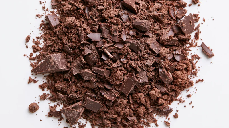Scattered pile of dark chocolate shavings and coarse chunks on white background