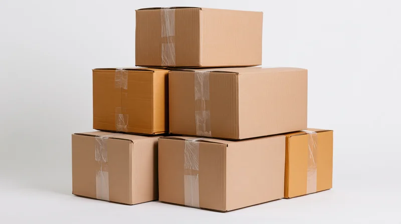 Seven sealed cardboard boxes stacked in pyramid formation on white background