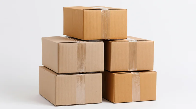 Stacked cardboard boxes arranged in pyramid formation on white background