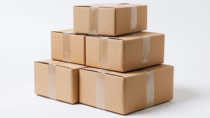 Pyramid stack of sealed cardboard boxes on white background