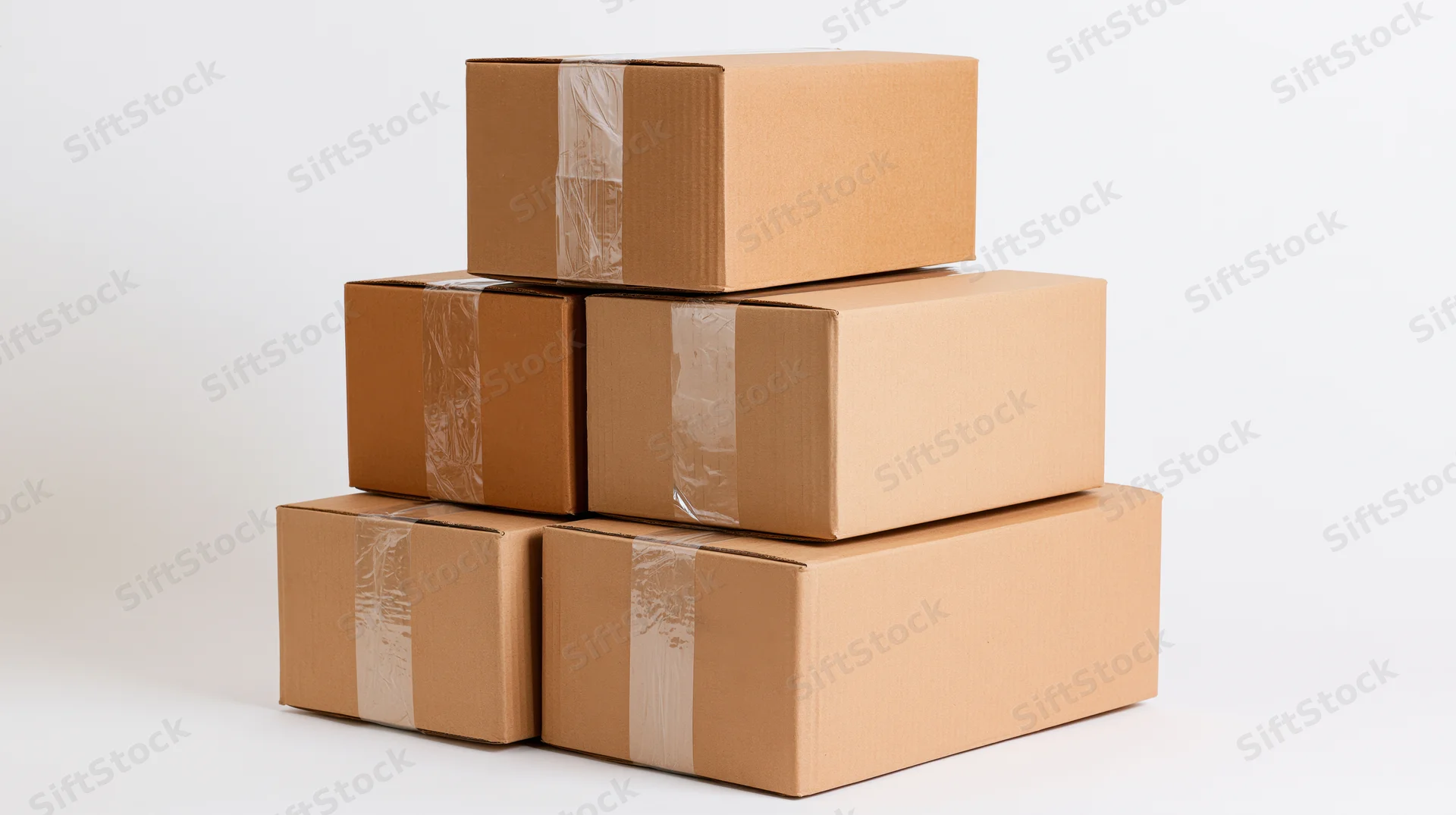 Pyramid stack of sealed cardboard boxes on white background