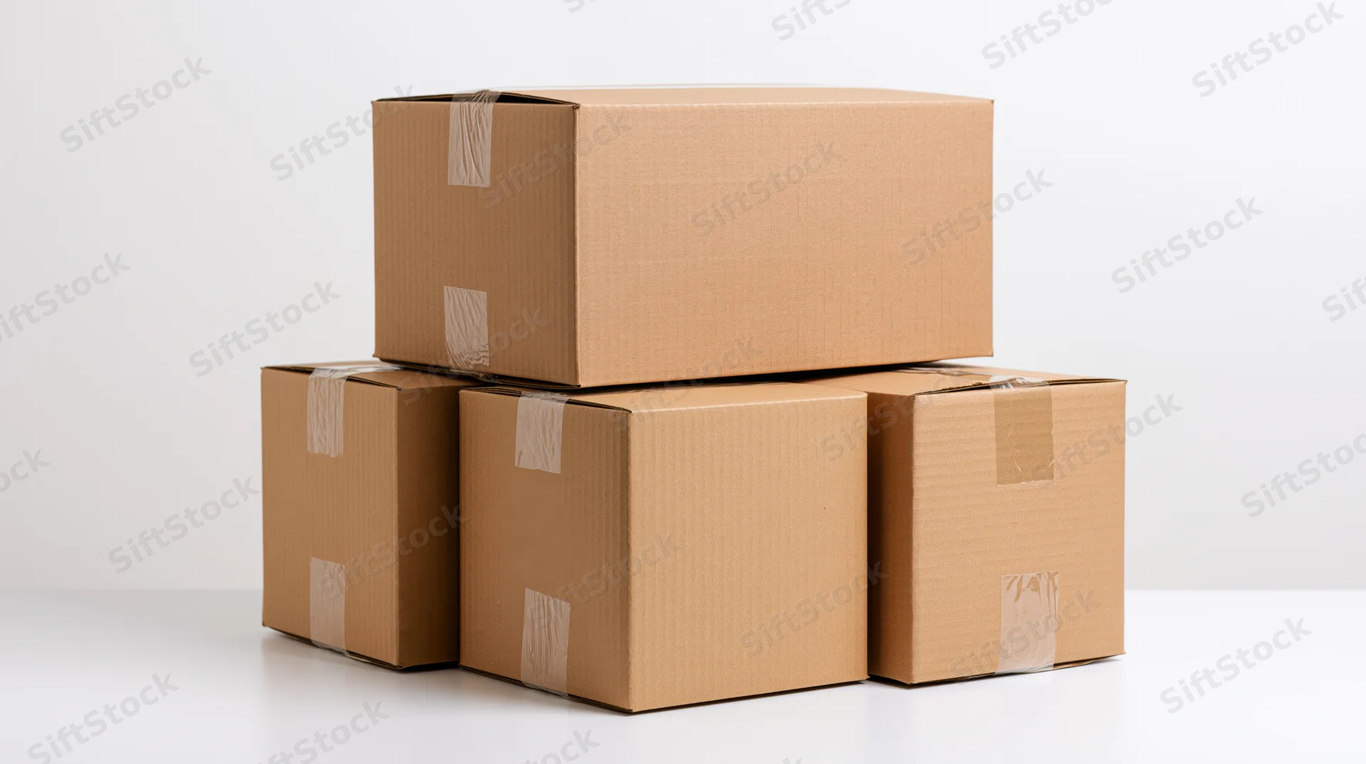 Stacked cardboard shipping boxes arranged in a pyramid on a white surface