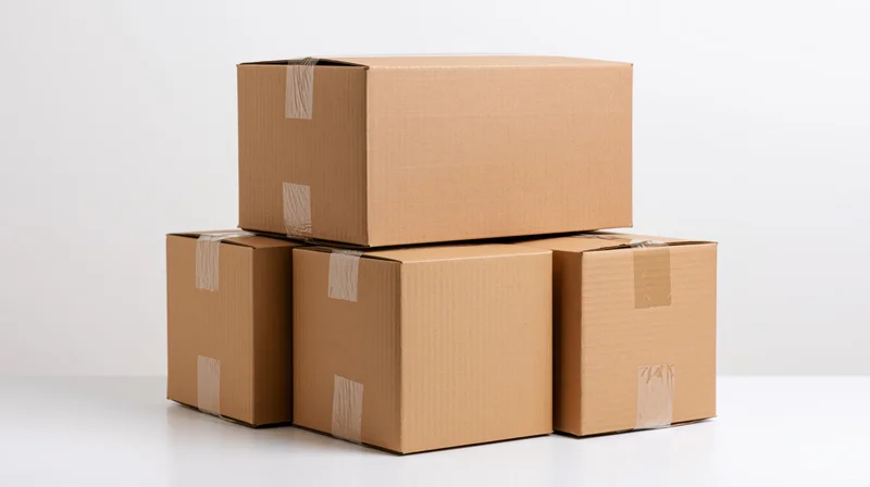 Stacked cardboard shipping boxes arranged in a pyramid on a white surface