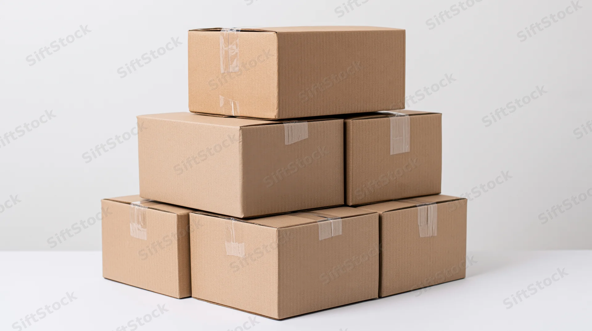 Seven sealed cardboard shipping boxes stacked in a pyramid on a white surface