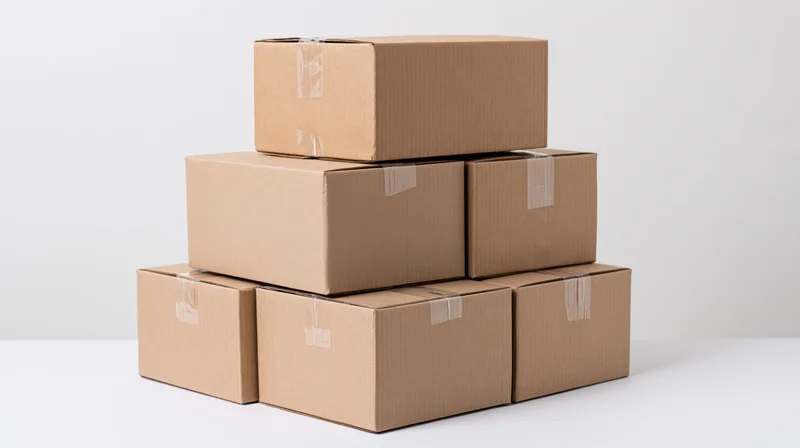 Seven sealed cardboard shipping boxes stacked in a pyramid on a white surface