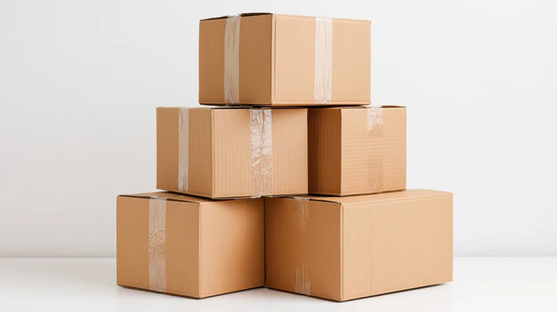 Seven sealed cardboard shipping boxes stacked in a pyramid on a white surface