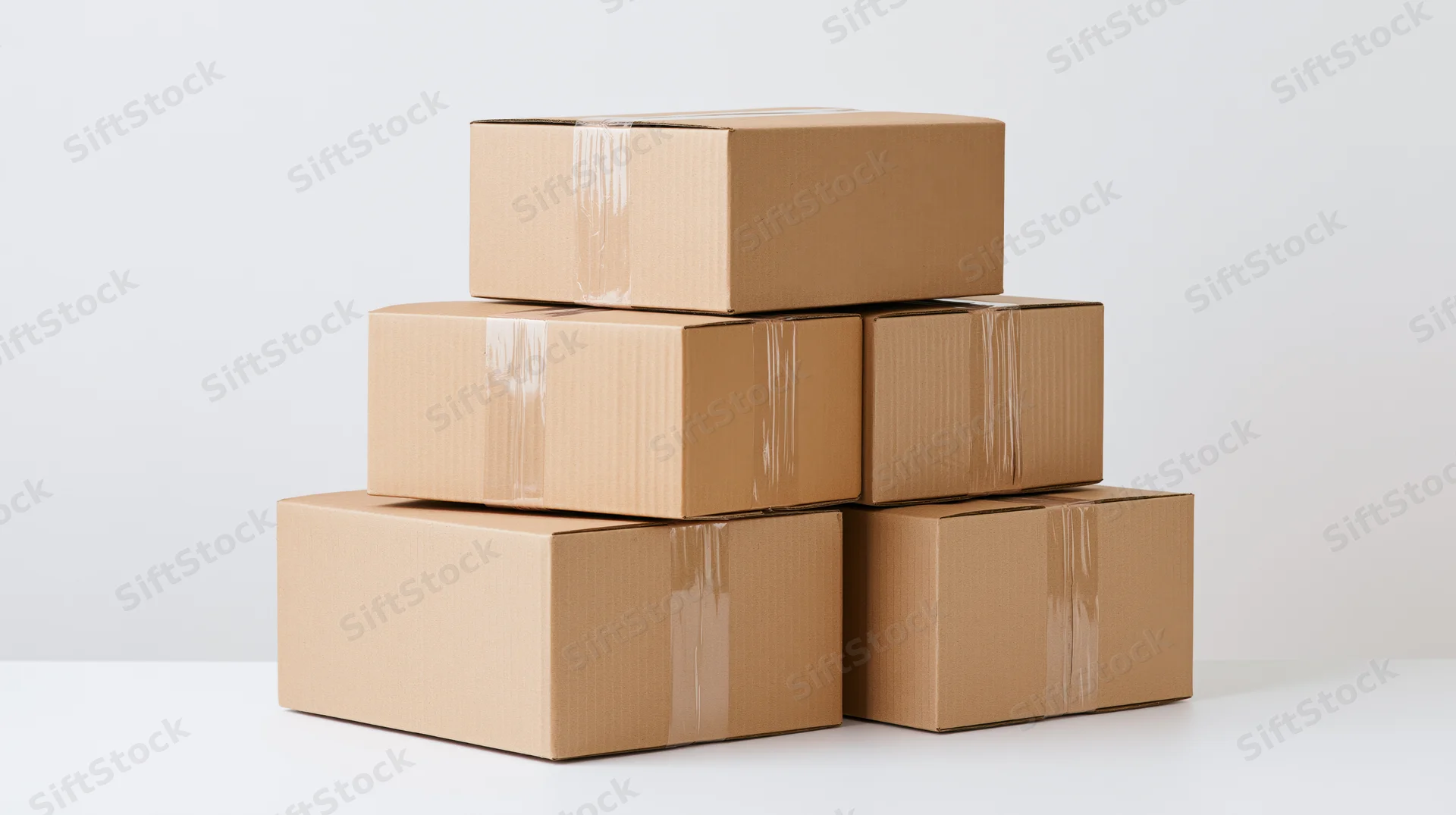 Pyramid stack of sealed cardboard shipping boxes on white surface