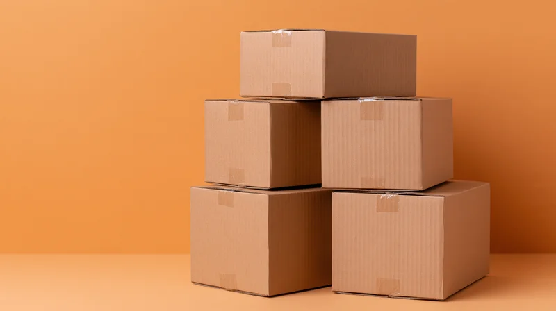 Seven sealed cardboard shipping boxes stacked in a pyramid formation against an orange background with copyspace on the left