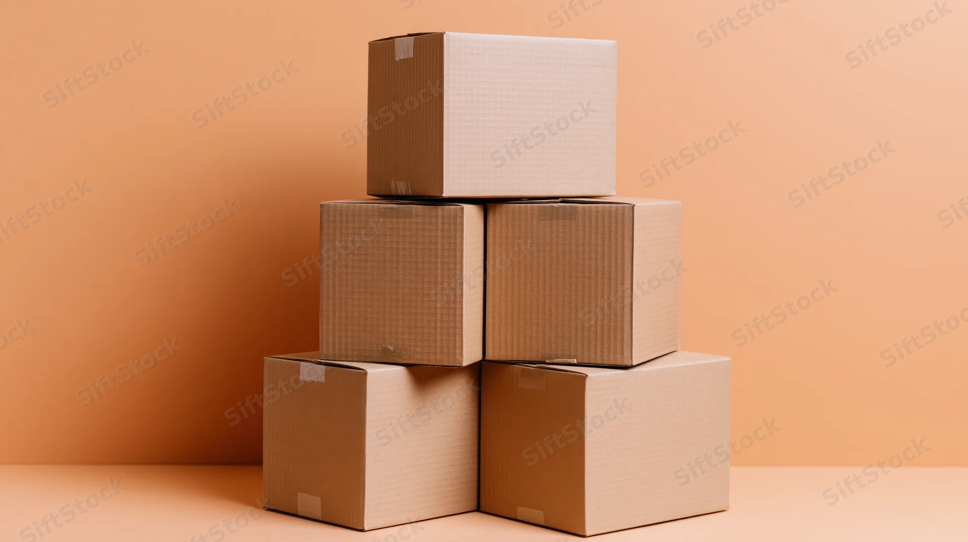 Seven sealed cardboard shipping boxes stacked in a pyramid formation on a peach-colored surface