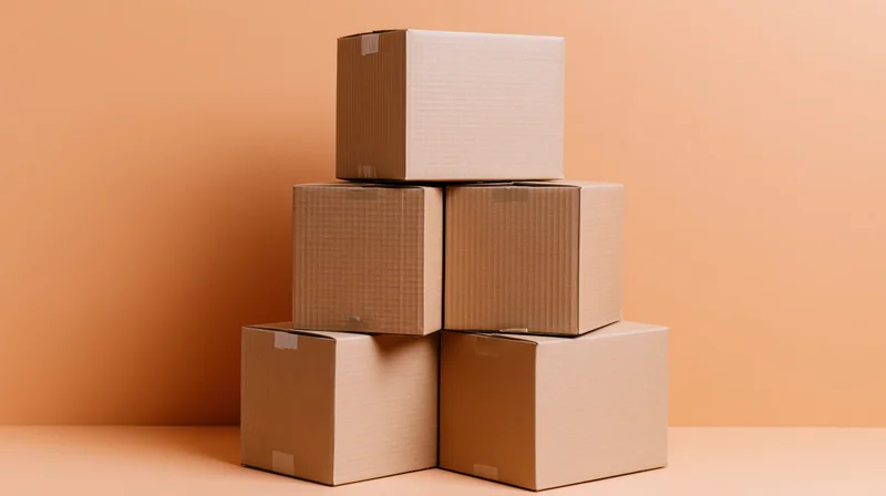 Seven sealed cardboard shipping boxes stacked in a pyramid formation on a peach-colored surface