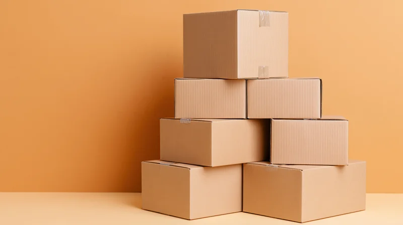 Seven sealed cardboard shipping boxes stacked in a pyramid formation against an orange background