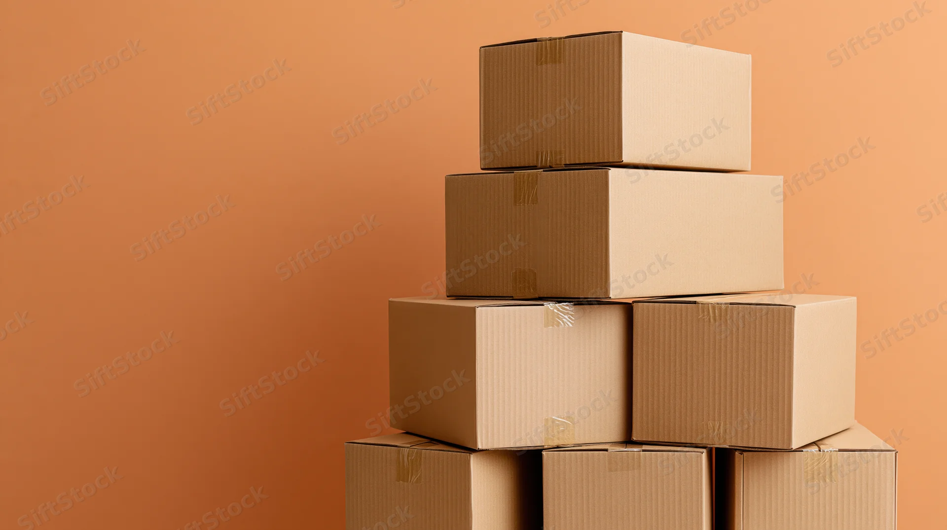 Pyramid stack of sealed cardboard shipping boxes against orange background