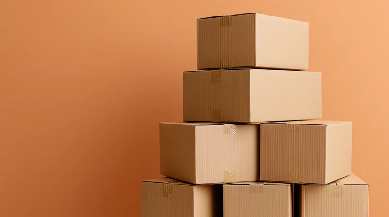 Pyramid stack of sealed cardboard shipping boxes against orange background