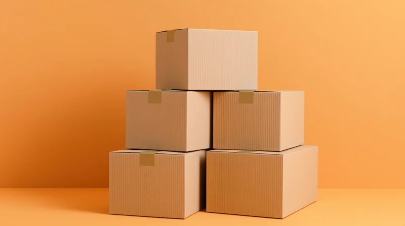 Seven sealed cardboard shipping boxes stacked in a pyramid formation on an orange surface