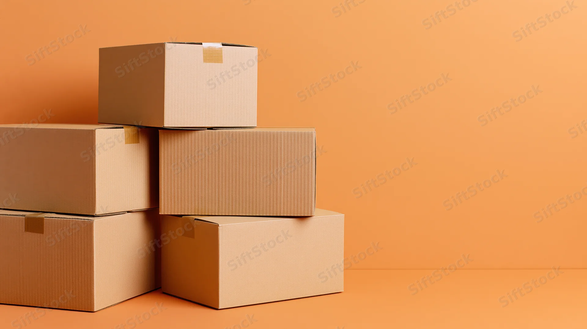 Stacked cardboard shipping boxes arranged in pyramid formation against orange background