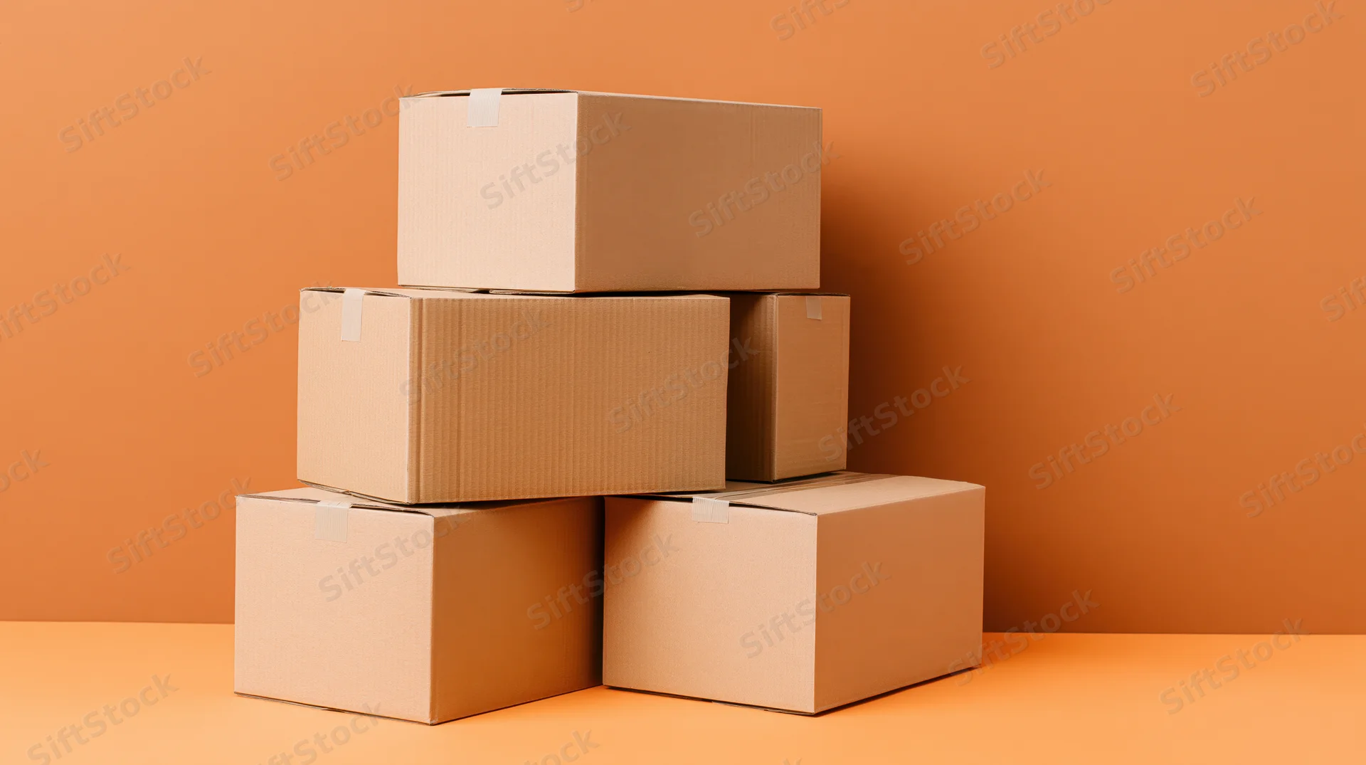 Stacked cardboard shipping boxes arranged in pyramid formation against orange background
