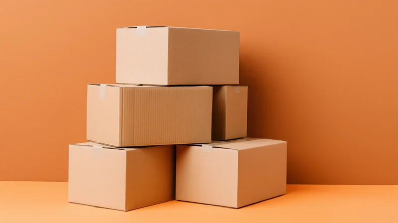 Stacked cardboard shipping boxes arranged in pyramid formation against orange background