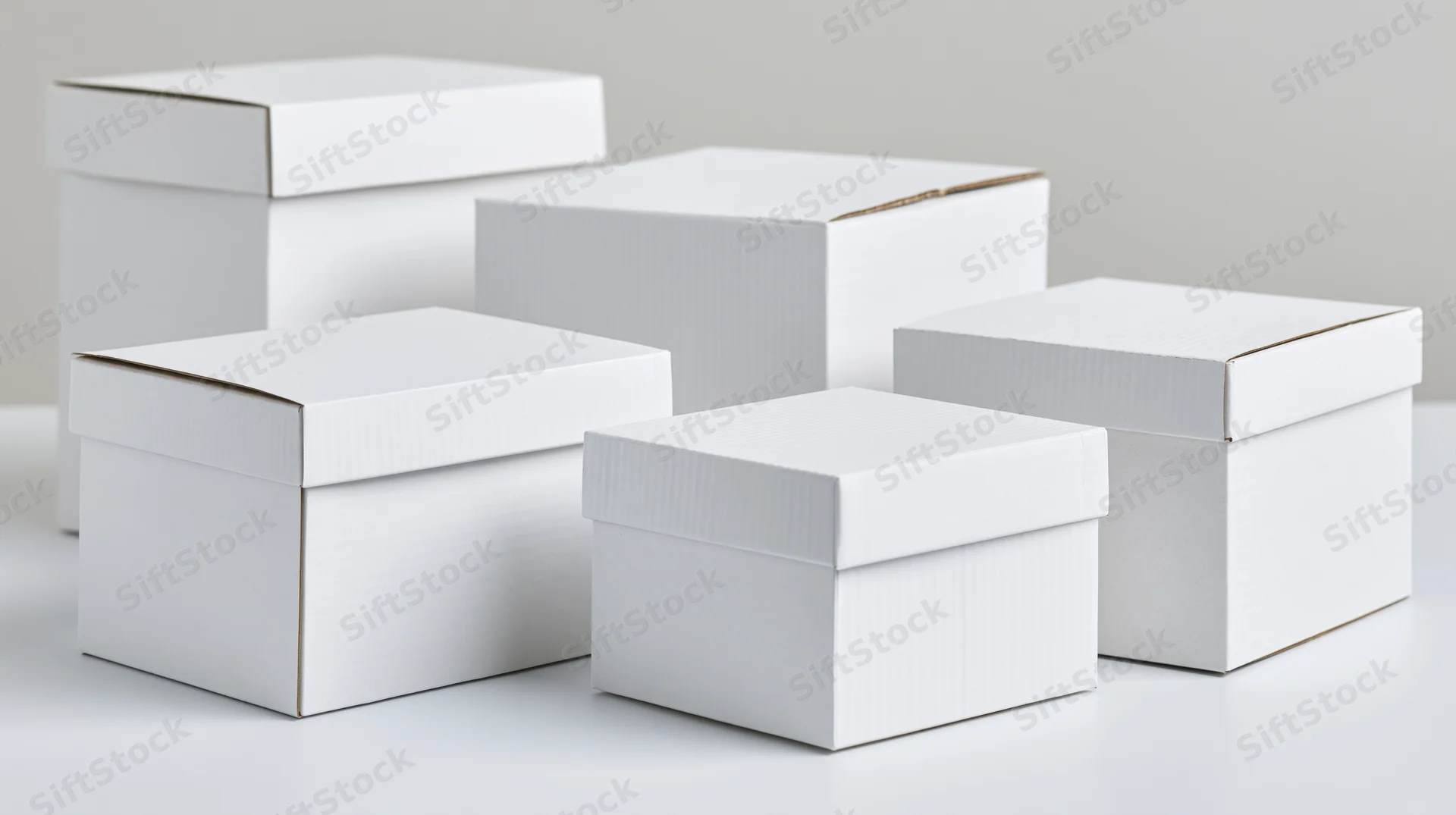 Several blank white cardboard boxes of varying sizes arranged on a white surface