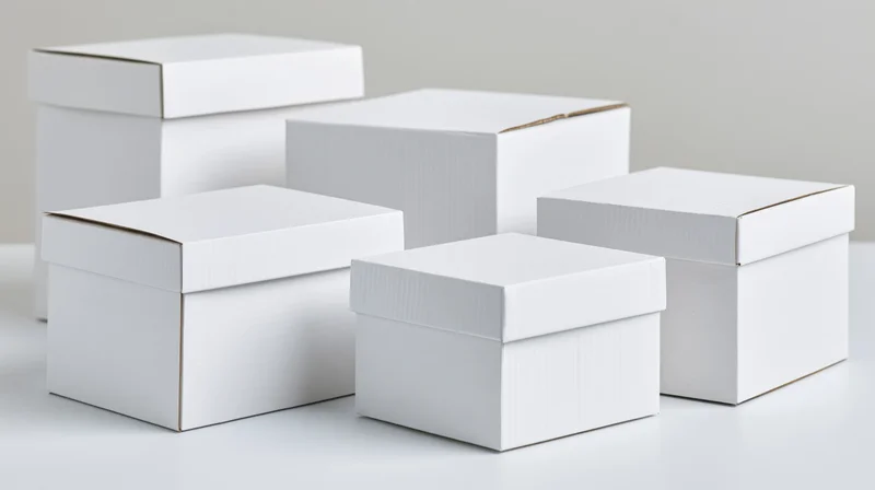 Several blank white cardboard boxes of varying sizes arranged on a white surface