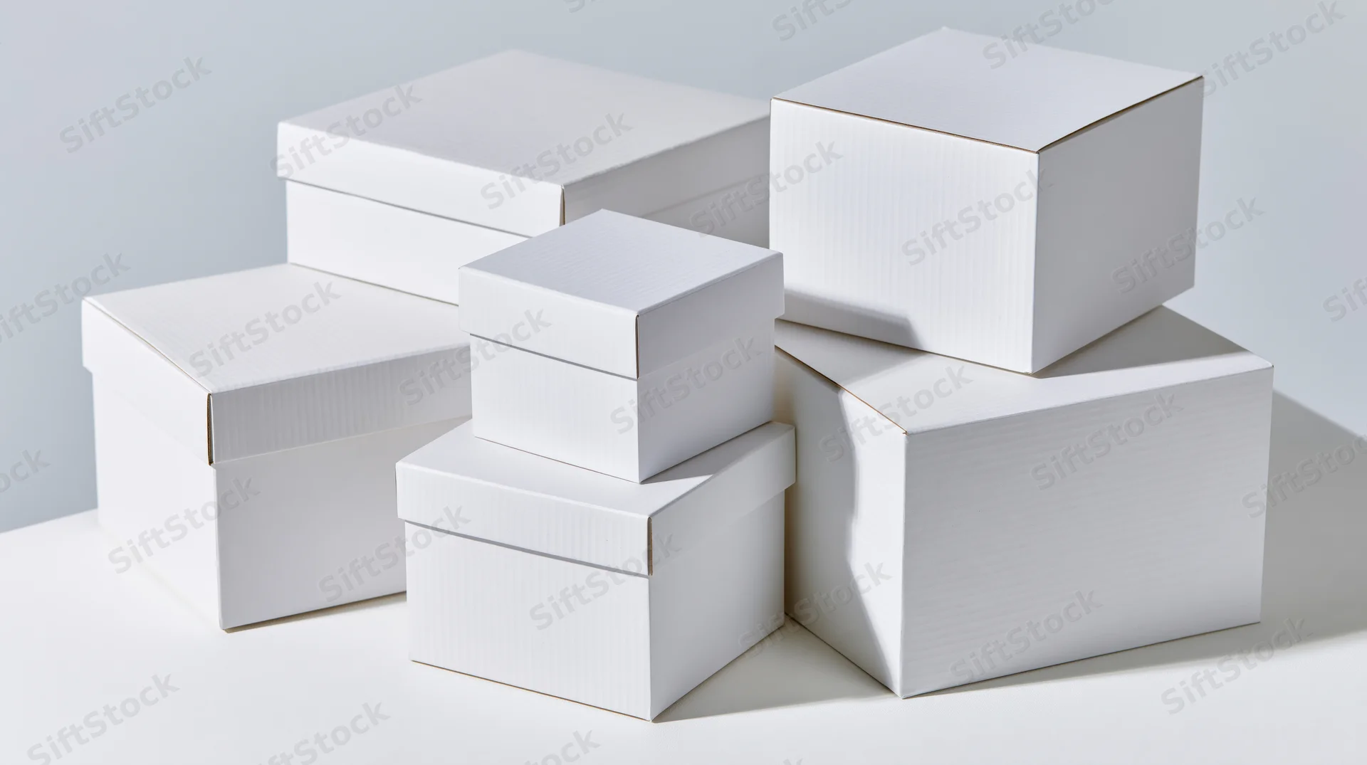 Several blank white cardboard boxes of varying sizes stacked on a white surface