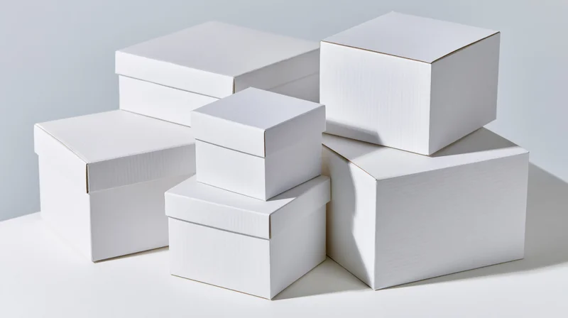 Several blank white cardboard boxes of varying sizes stacked on a white surface