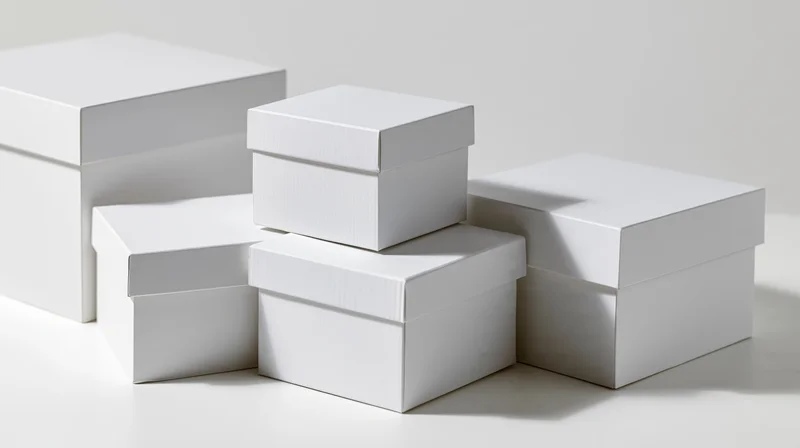 Several blank white cardboard boxes of varying sizes arranged on a white surface