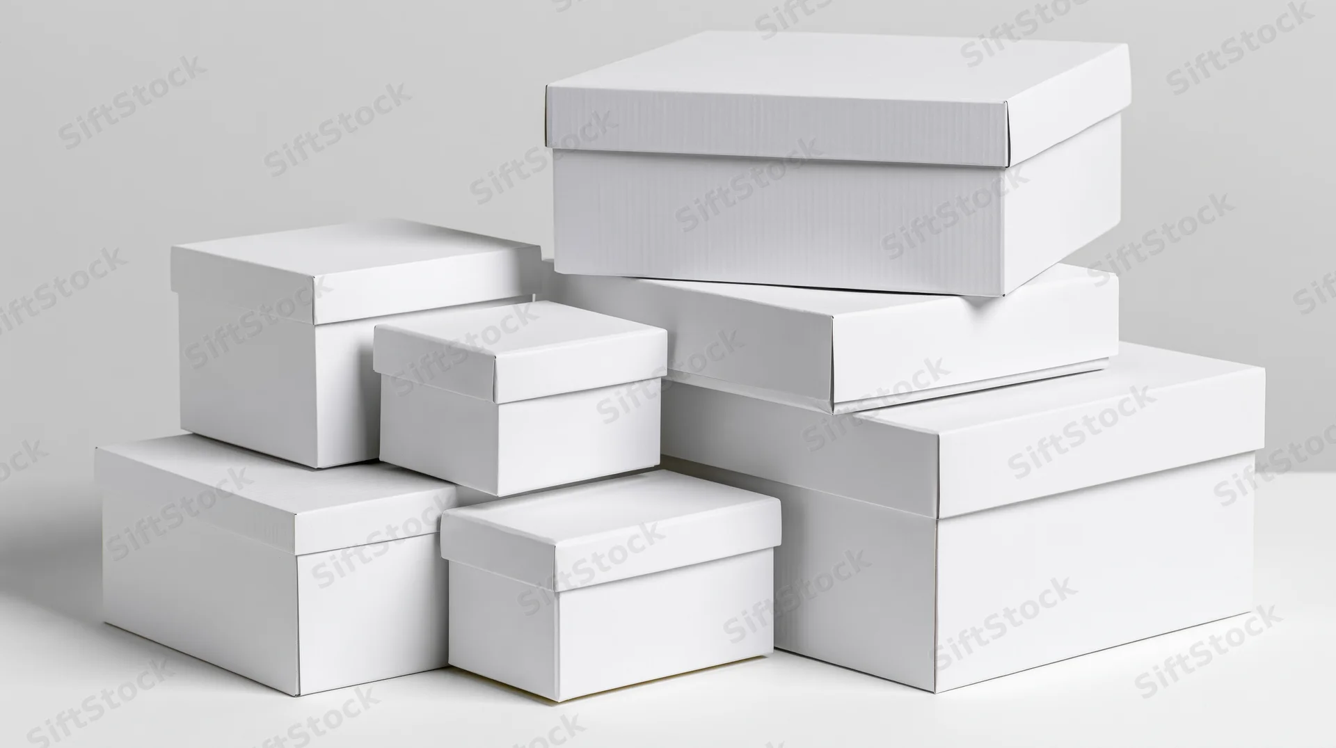 Several blank white cardboard boxes of varying sizes stacked in a studio arrangement