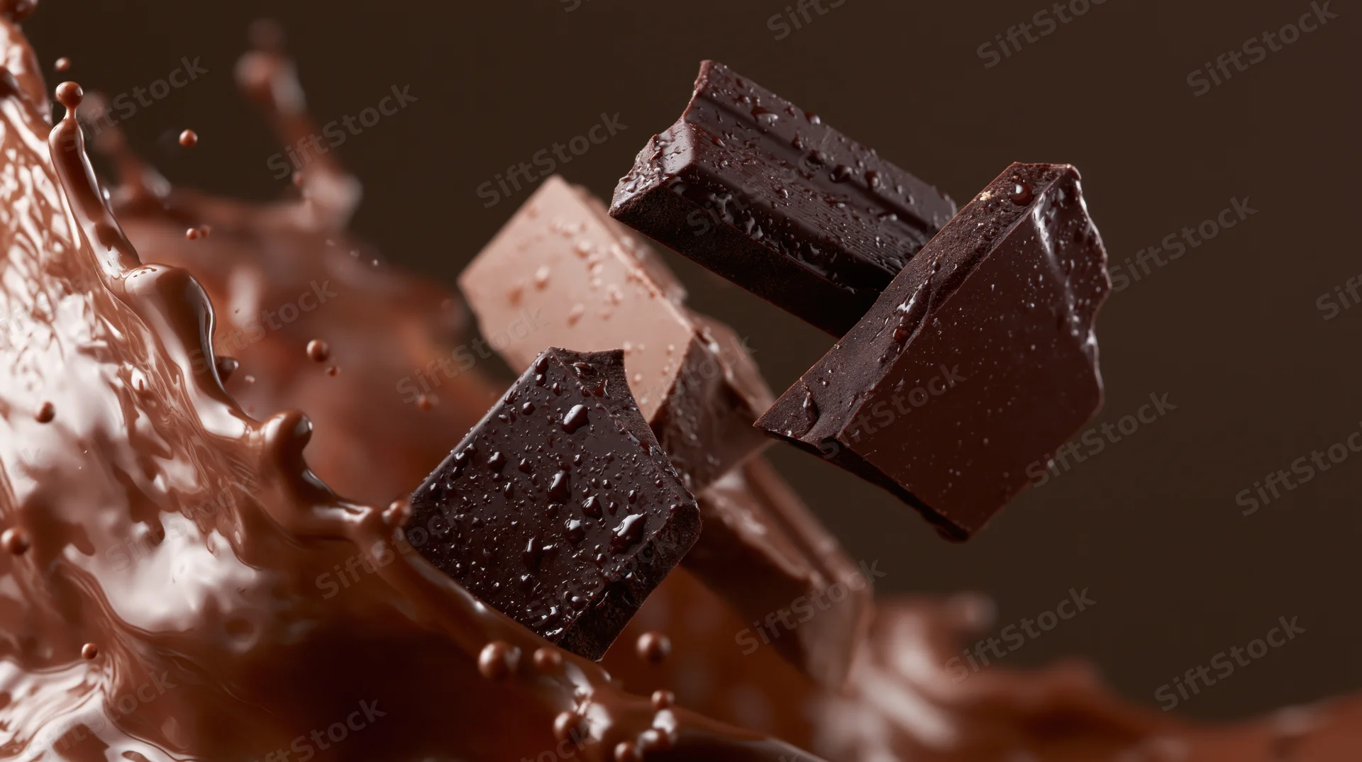 Broken chocolate pieces suspended mid-air amidst a splashing chocolate wave