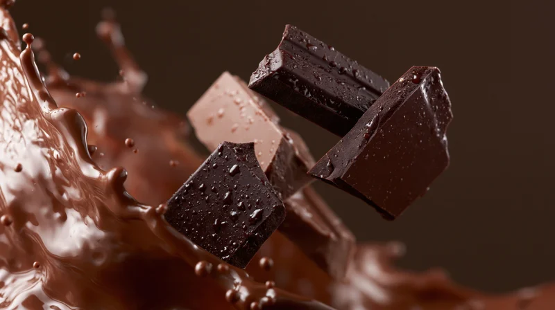 Broken chocolate pieces suspended mid-air amidst a splashing chocolate wave
