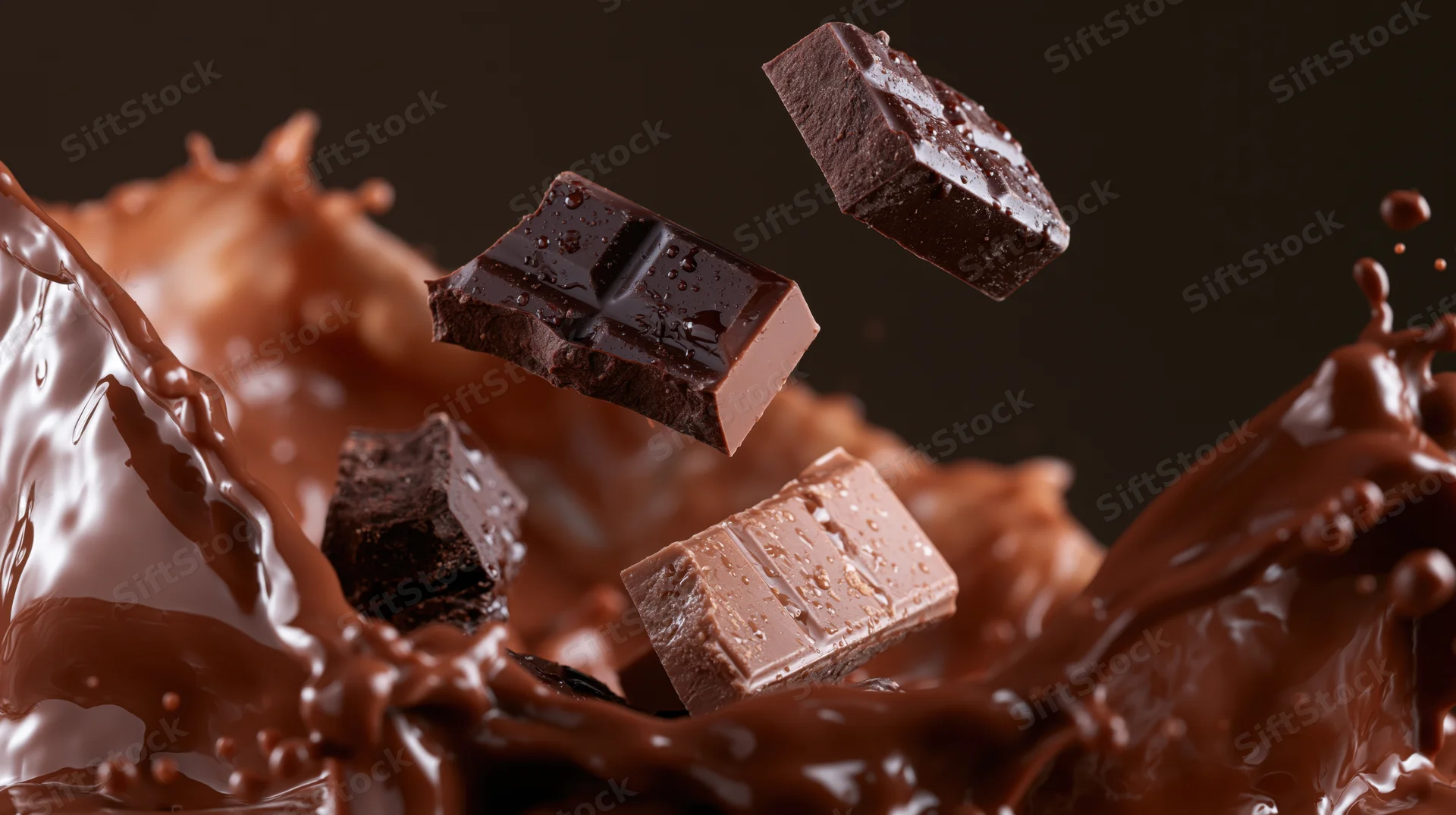 Broken chocolate pieces falling into melted chocolate splash