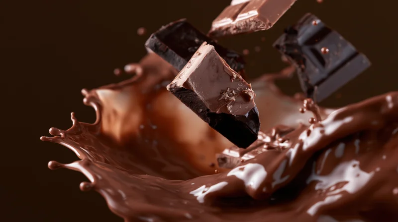 Broken chocolate bar pieces falling into a splash of melted chocolate