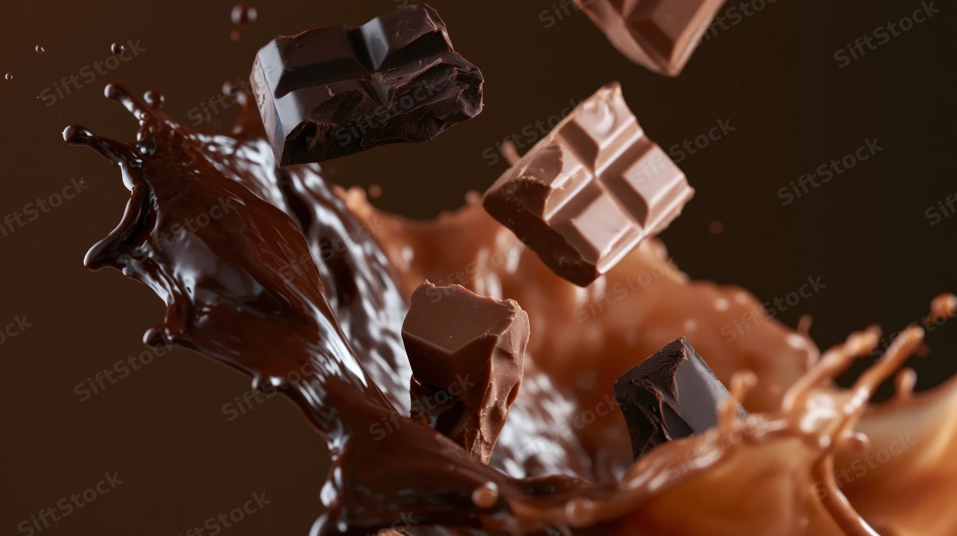 Broken chocolate bar pieces suspended midair with liquid chocolate splash against dark background