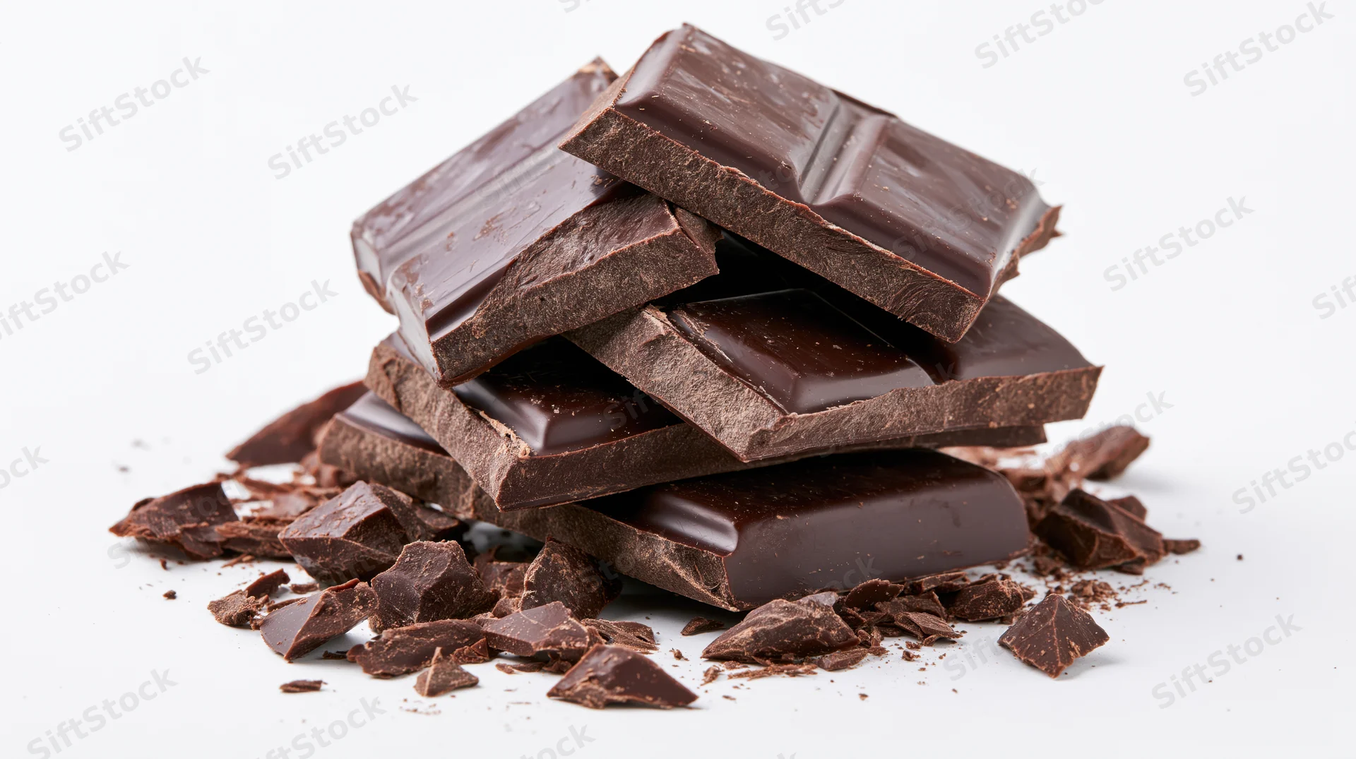Broken dark chocolate squares stacked loosely on white background
