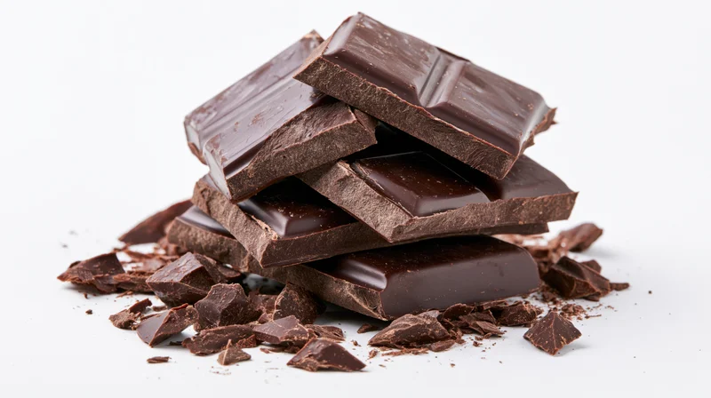 Broken dark chocolate squares stacked loosely on white background