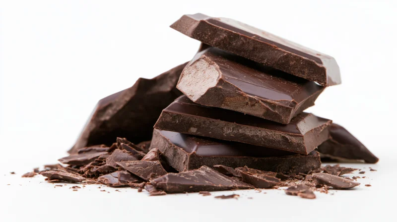 Broken dark chocolate pieces stacked loosely on white background