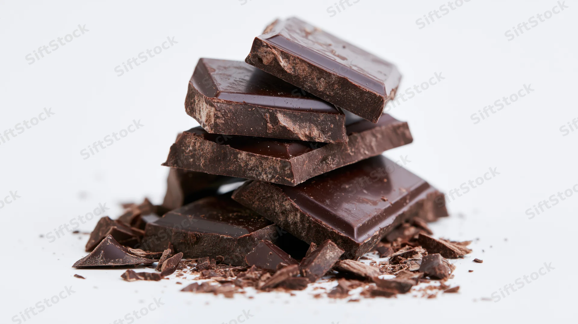 Broken dark chocolate pieces stacked loosely on white background